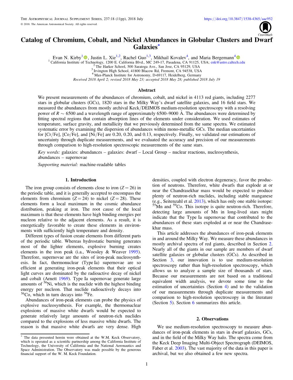 Catalog of Chromium, Cobalt, and Nickel Abundances in Globular Clusters and Dwarf Galaxies*