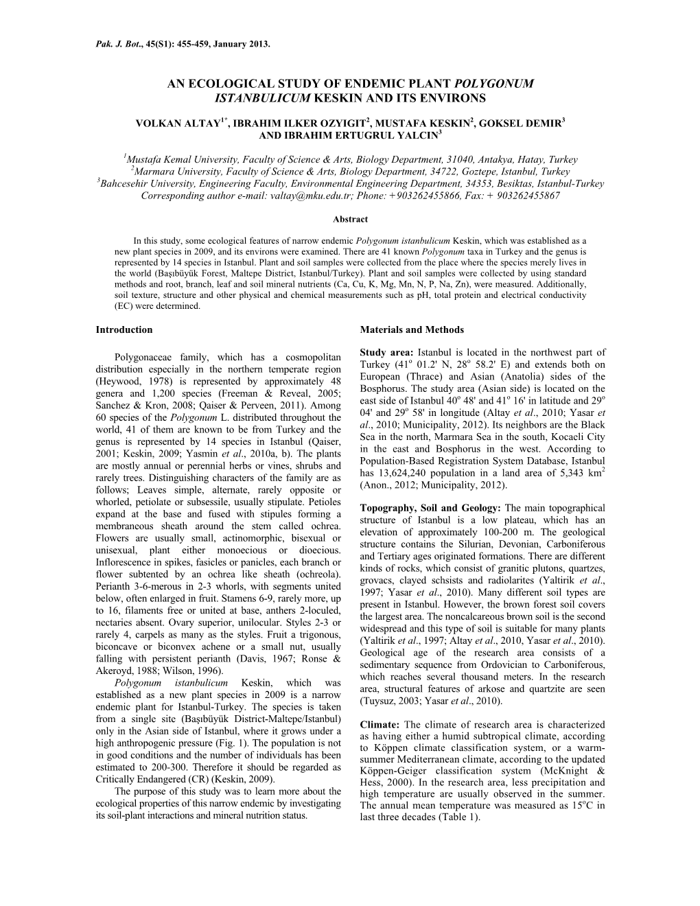 An Ecological Study of Endemic Plant Polygonum Istanbulicum Keskin and Its Environs