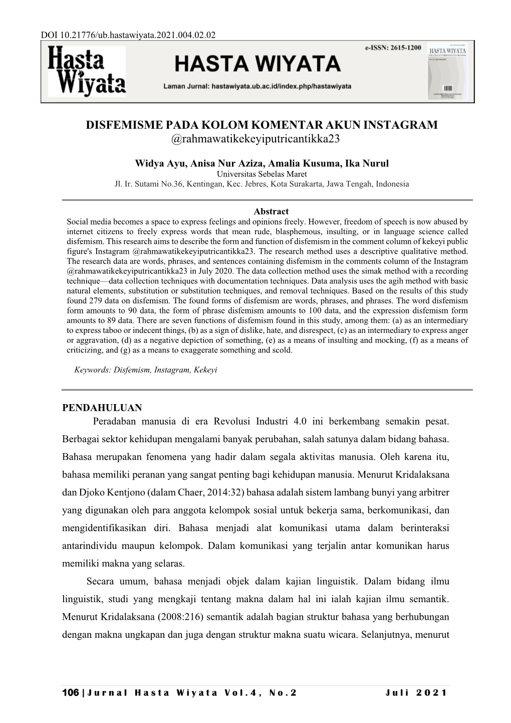 DISFEMISME PADA KOLOM KOMENTAR AKUN INSTAGRAM @Rahmawatikekeyiputricantikka23