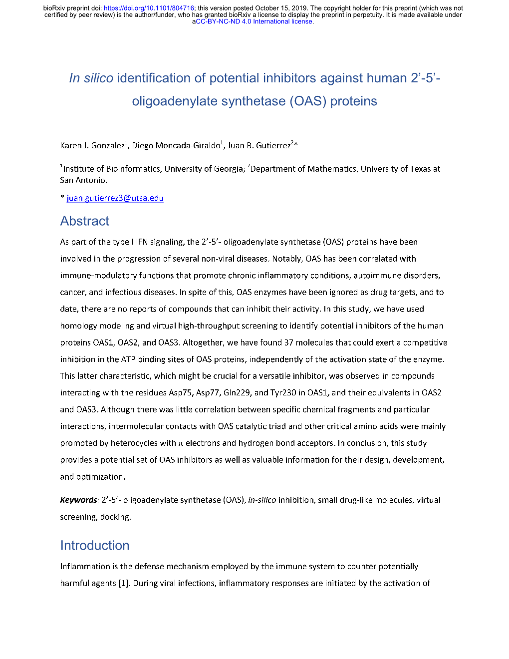 In Silico Identification of Potential Inhibitors Against Human 2'-5