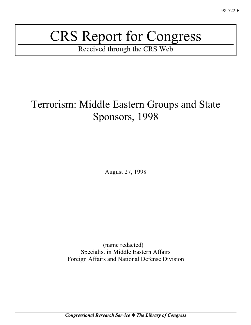 Terrorism: Middle Eastern Groups and State Sponsors, 1998