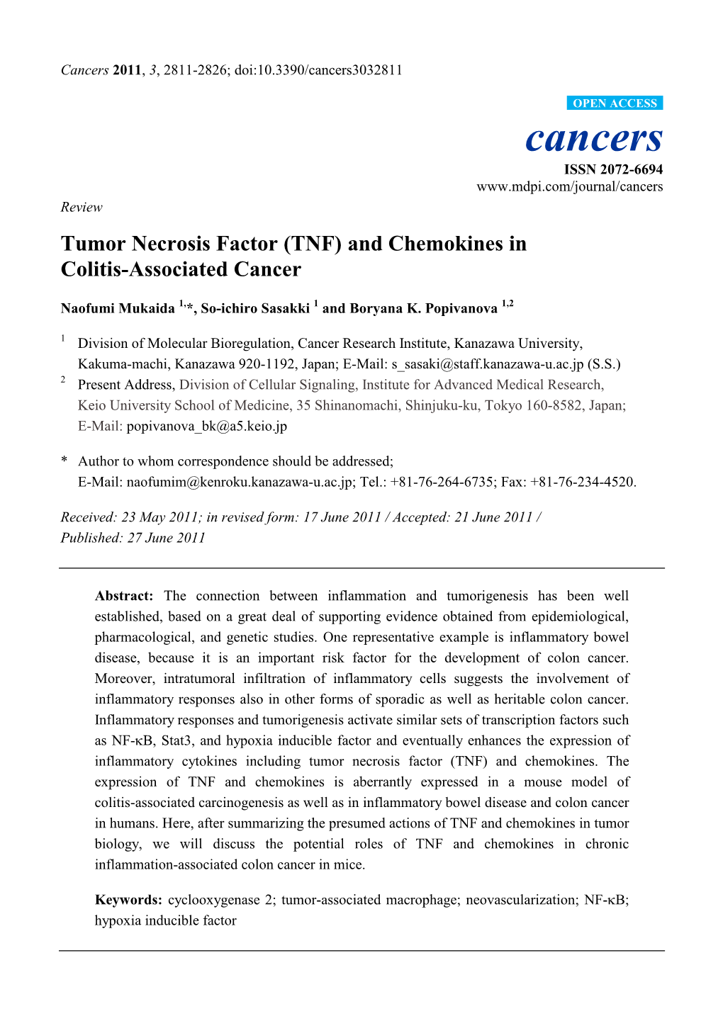 Tumor Necrosis Factor (TNF) and Chemokines in Colitis-Associated Cancer