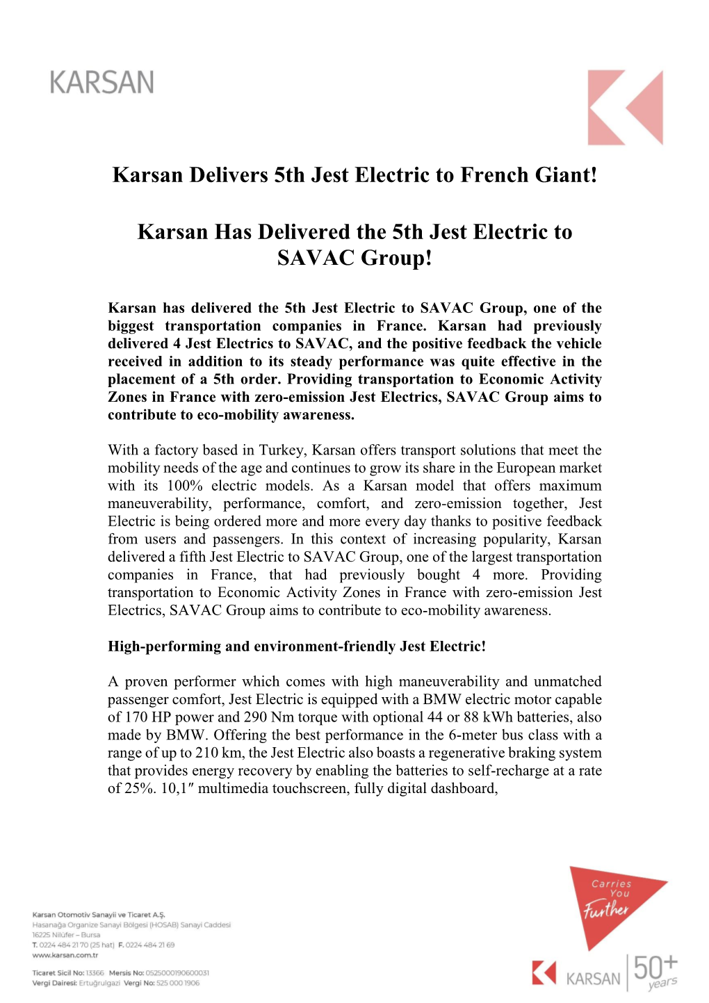 Karsan Has Delivered the 5Th Jest Electric to SAVAC Group!