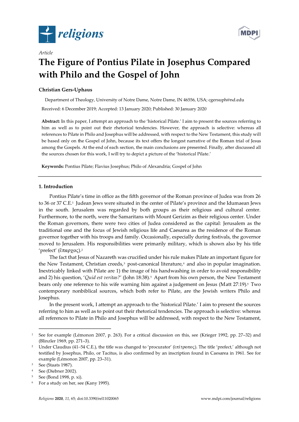 The Figure of Pontius Pilate in Josephus Compared with Philo and the Gospel of John