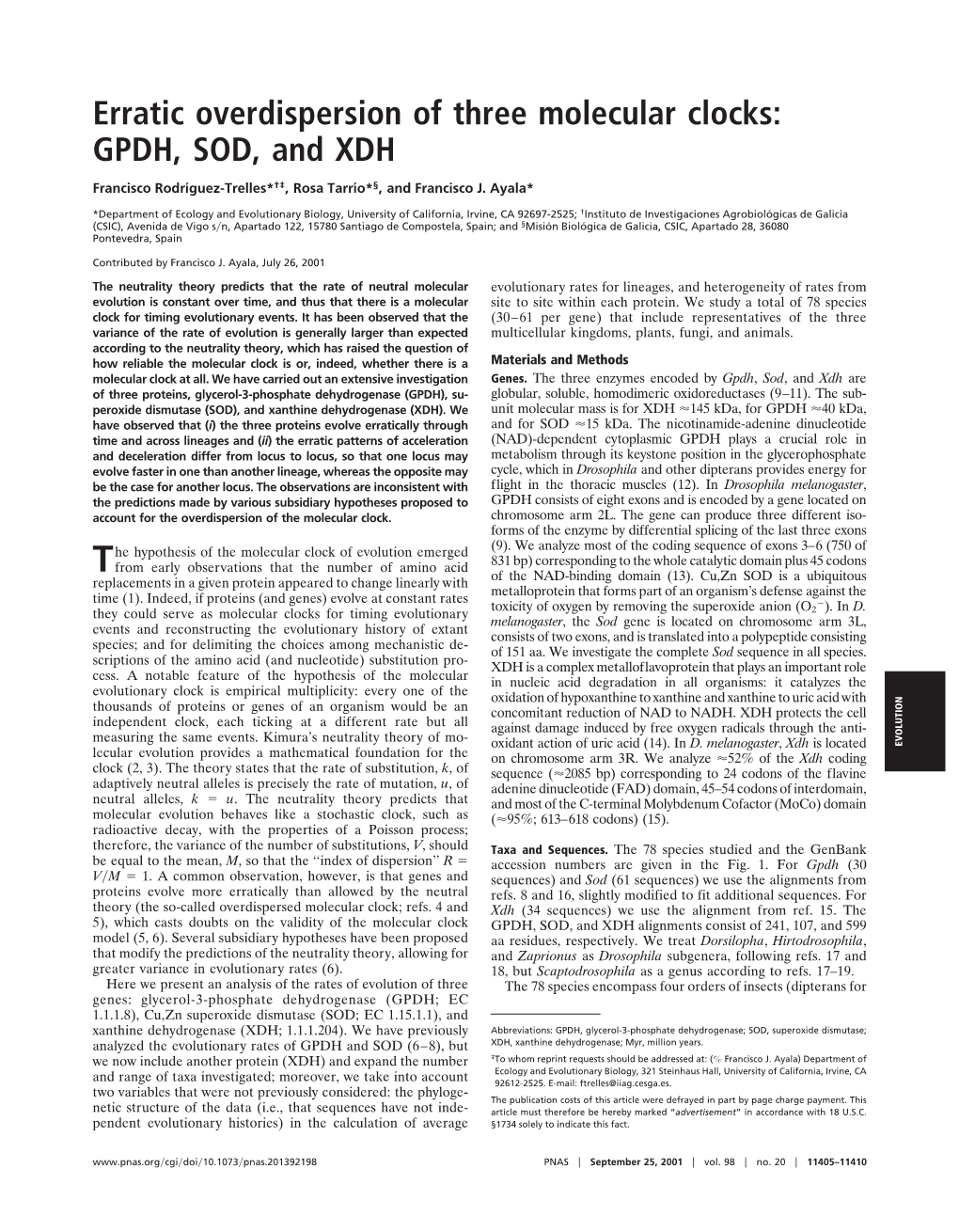 Erratic Overdispersion of Three Molecular Clocks: GPDH, SOD, and XDH