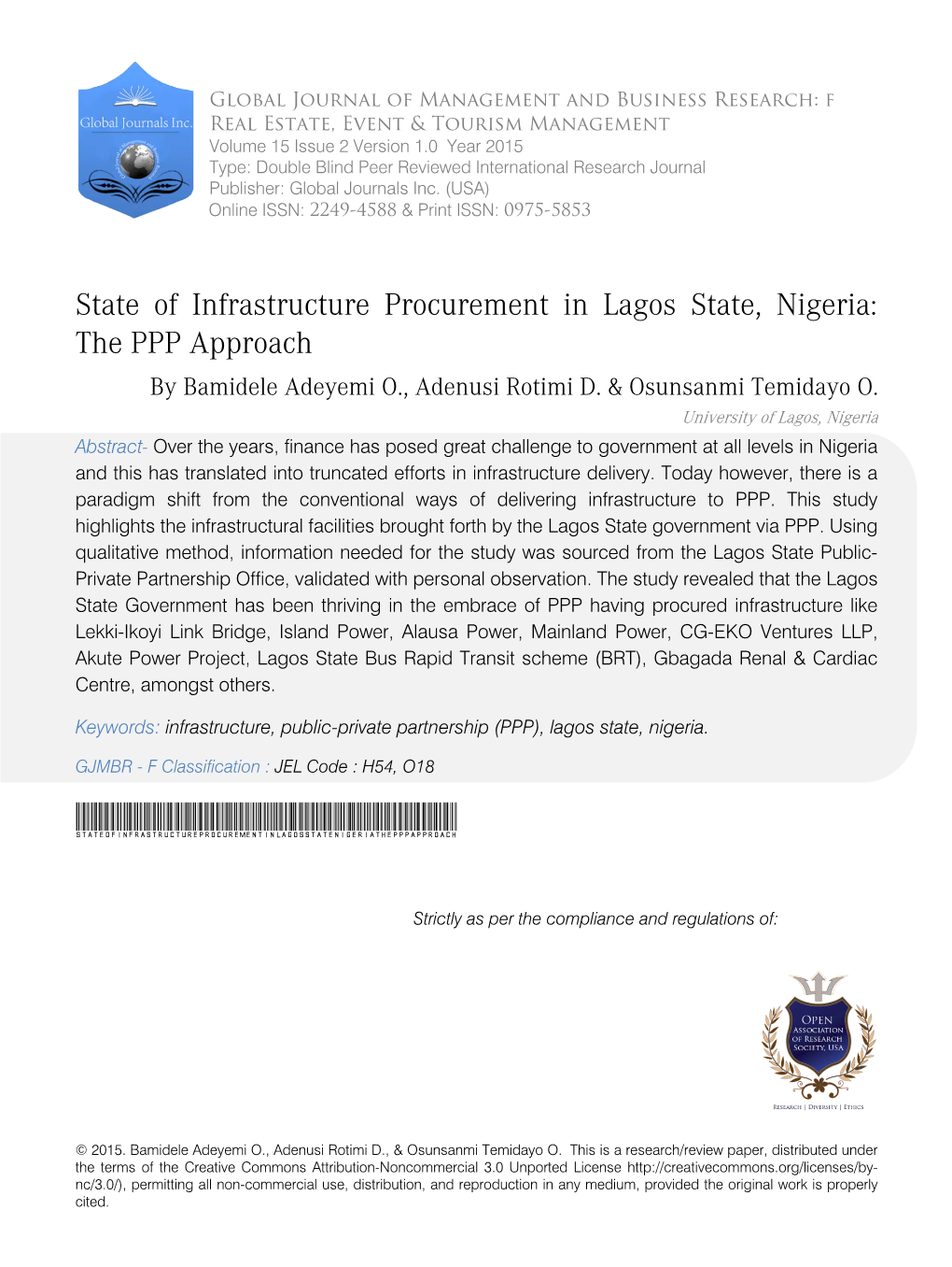 State of Infrastructure Procurement in Lagos State, Nigeria:The PPP