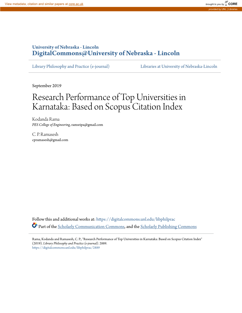 Research Performance of Top Universities in Karnataka: Based on Scopus Citation Index Kodanda Rama PES College of Engineering, Ramsripa@Gmail.Com