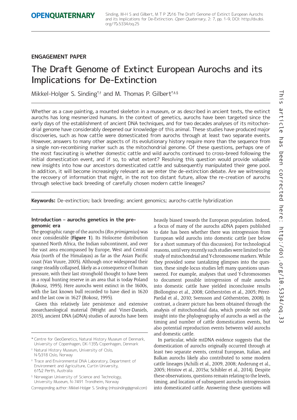 The Draft Genome of Extinct European Aurochs and Its Implications for De-Extinction