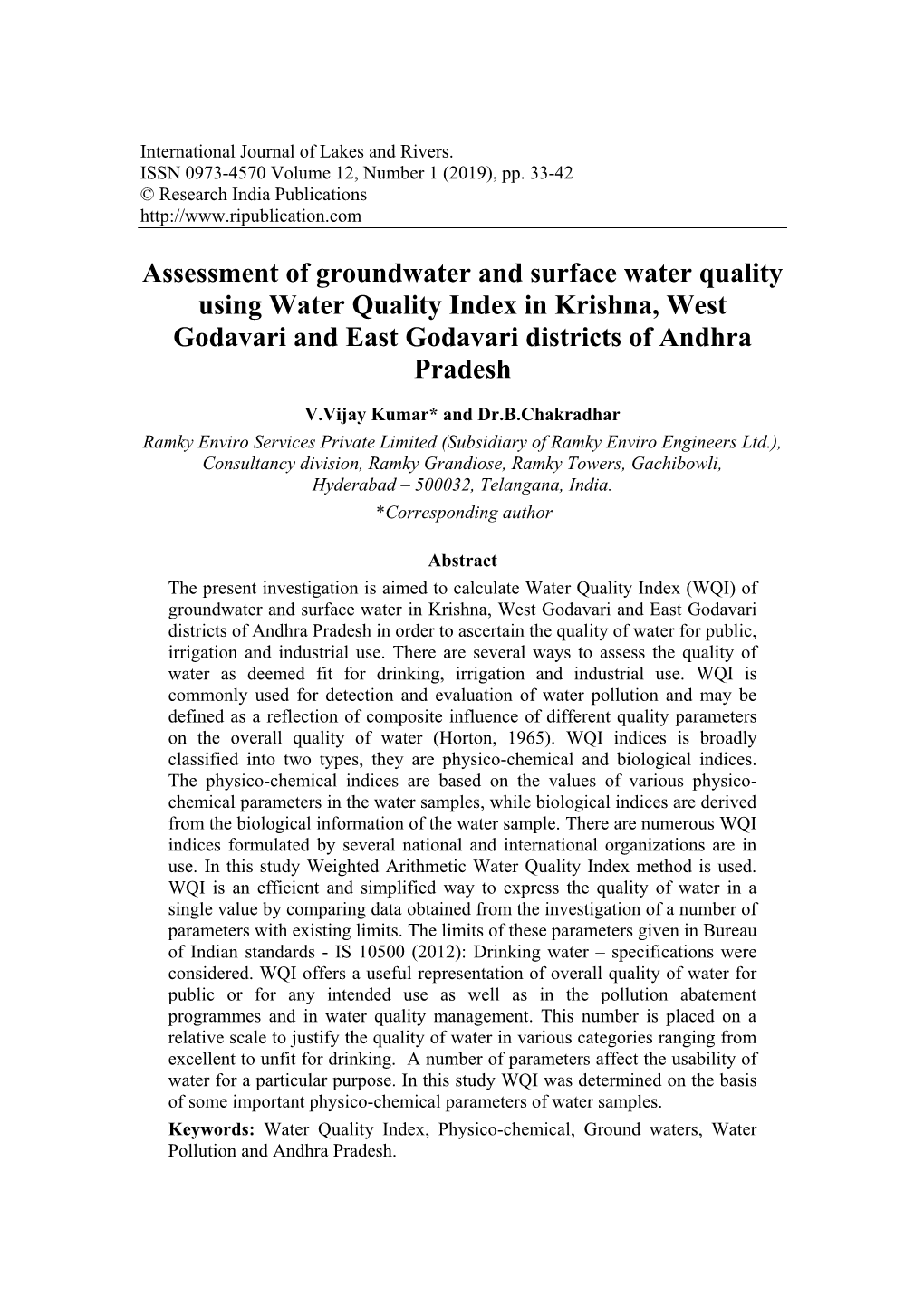 Assessment of Groundwater and Surface Water Quality Using Water Quality Index in Krishna, West Godavari and East Godavari Districts of Andhra Pradesh