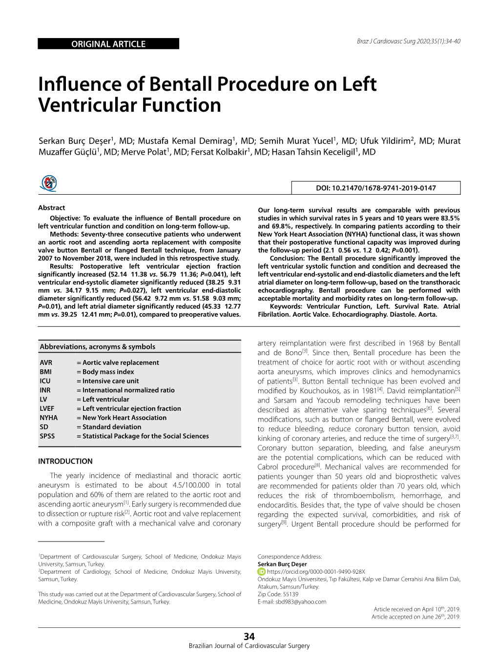 Influence of Bentall Procedure on Left Ventricular Function