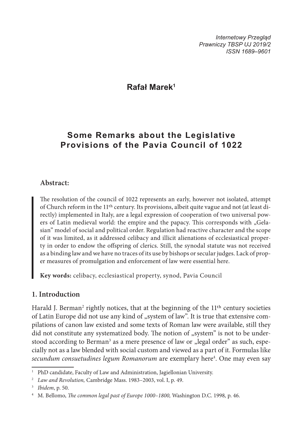 Some Remarks About the Legislative Provisions of the Pavia Council of 1022