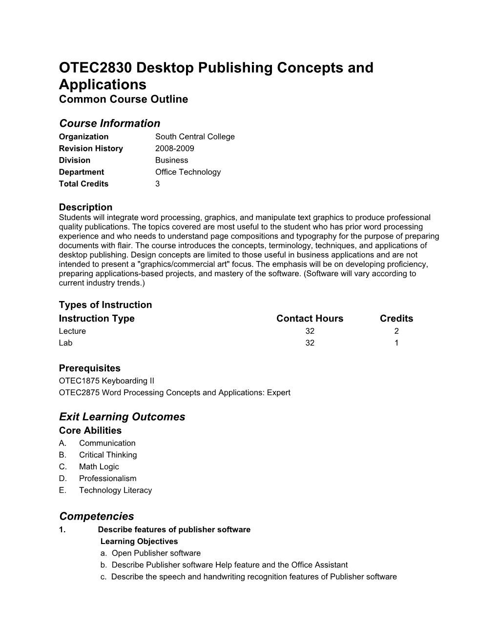 OTEC2830 Desktop Publishing Concepts and Applications Common Course Outline