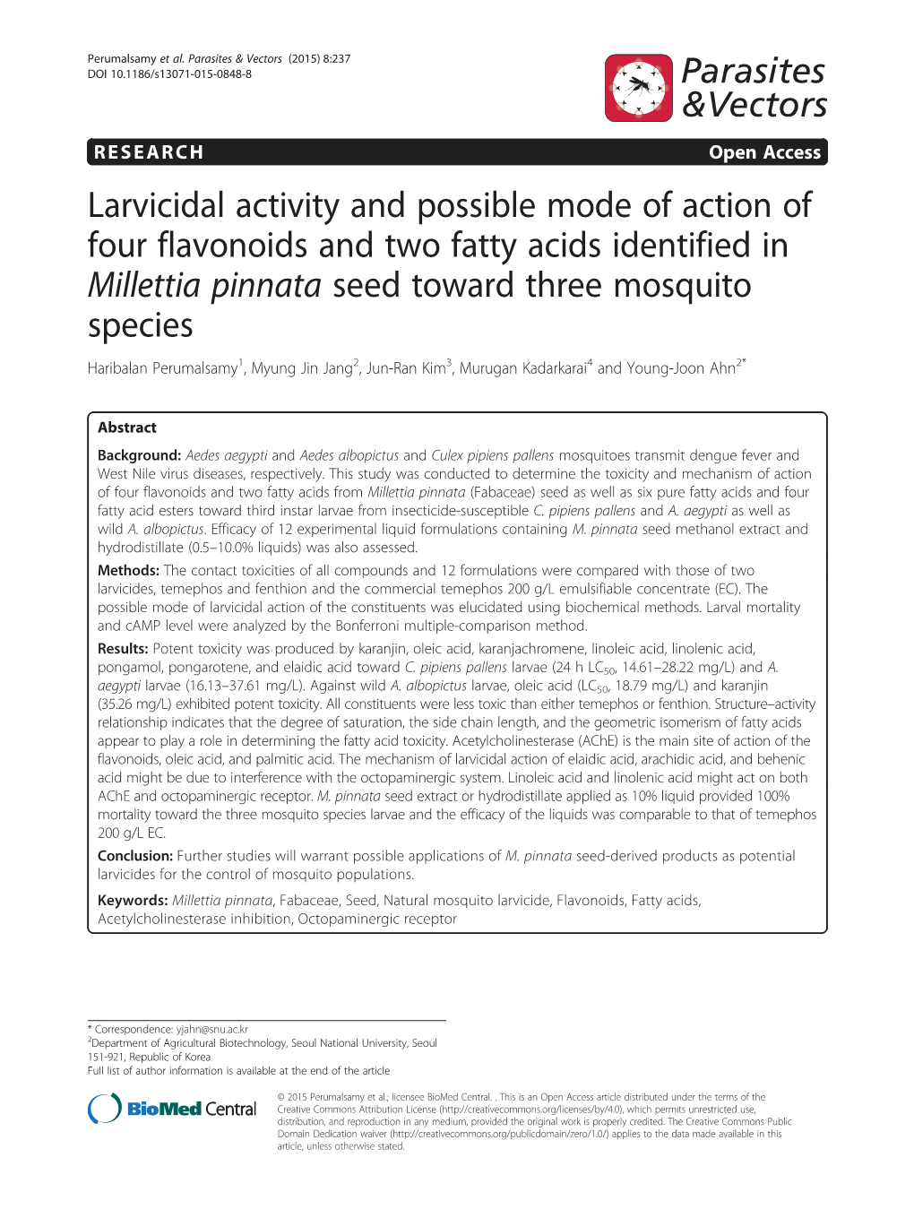 Larvicidal Activity and Possible Mode of Action of Four Flavonoids and Two