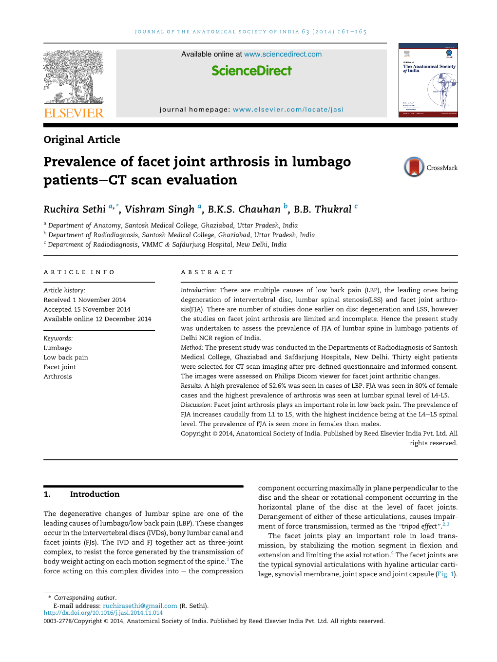 Prevalence of Facet Joint Arthrosis in Lumbago Patients-CT Scan Evaluation