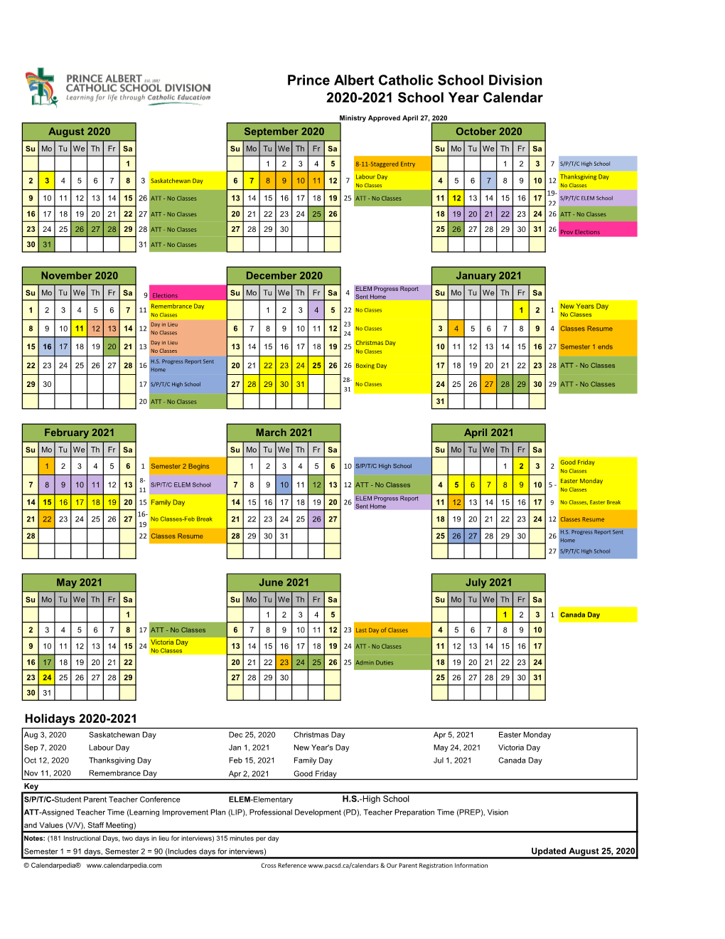 Prince Albert Catholic School Division 2020-2021 School Year Calendar