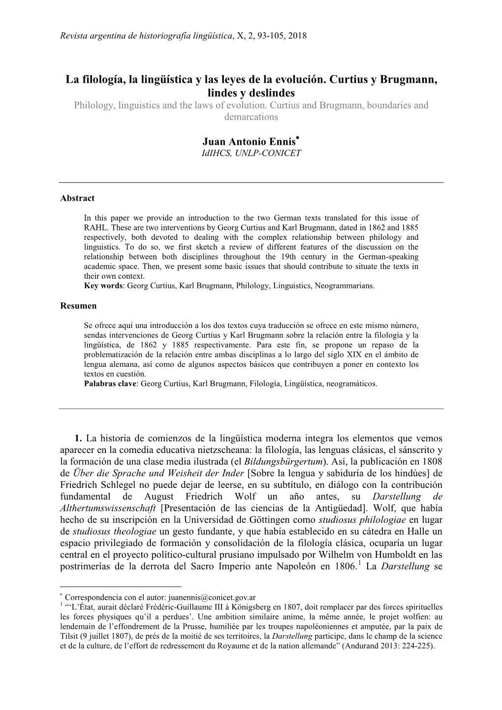 La Filología, La Lingüística Y Las Leyes De La Evolución. Curtius Y Brugmann, Lindes Y Deslindes Philology, Linguistics and the Laws of Evolution