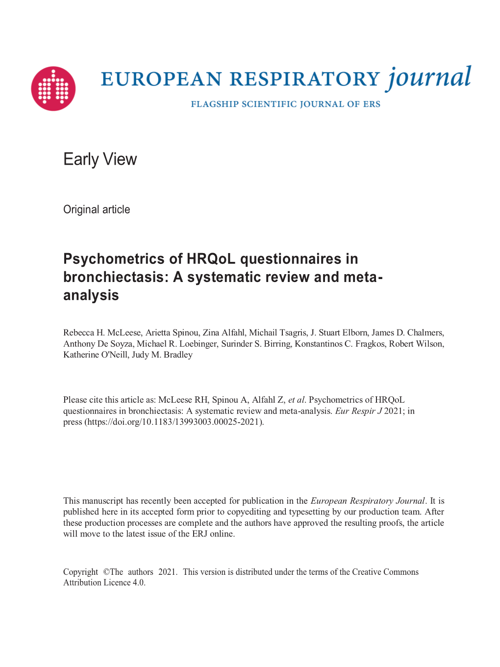 Psychometrics of Hrqol Questionnaires in Bronchiectasis: a Systematic Review and Meta- Analysis