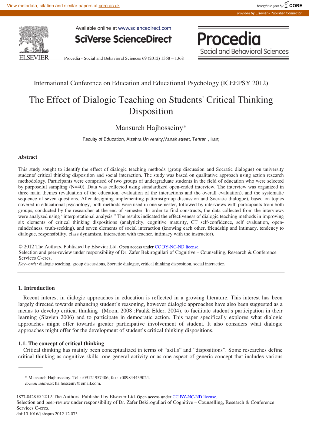 The Effect of Dialogic Teaching on Students' Critical Thinking Disposition