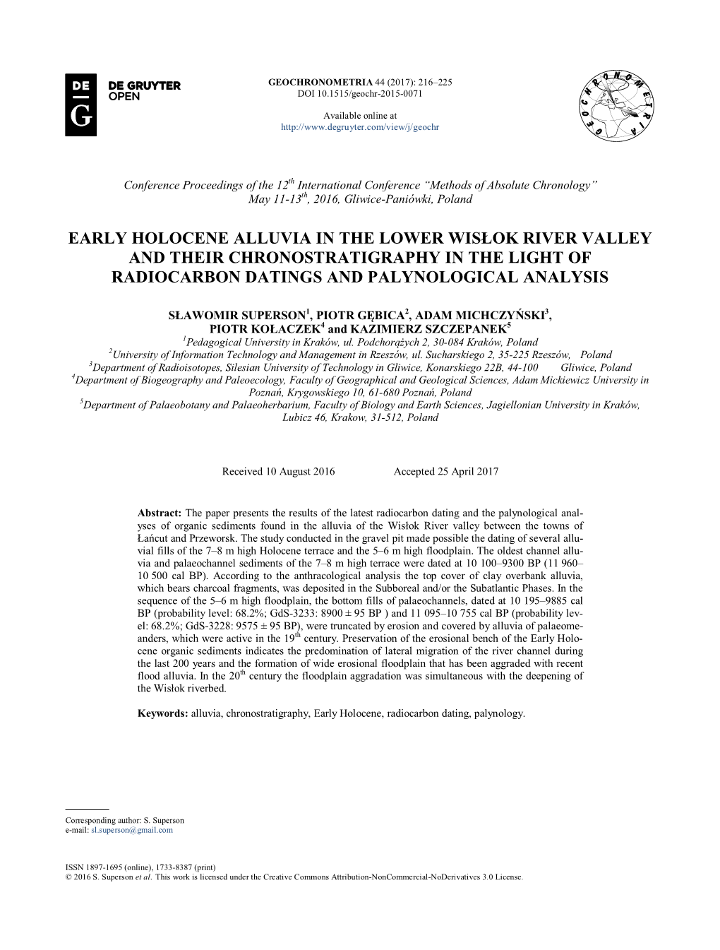 Early Holocene Alluvia in the Lower Wisłok River Valley and Their Chronostratigraphy in the Light of Radiocarbon Datings and Palynological Analysis