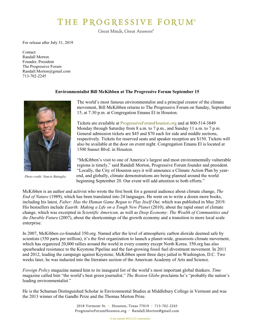 Environmentalist Bill Mckibben at the Progressive Forum September 15 the World's Most Famous Environmentalist and a Principal
