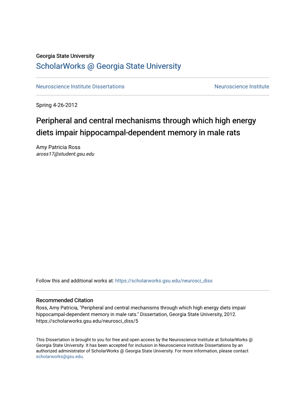 Peripheral and Central Mechanisms Through Which High Energy Diets Impair Hippocampal-Dependent Memory in Male Rats