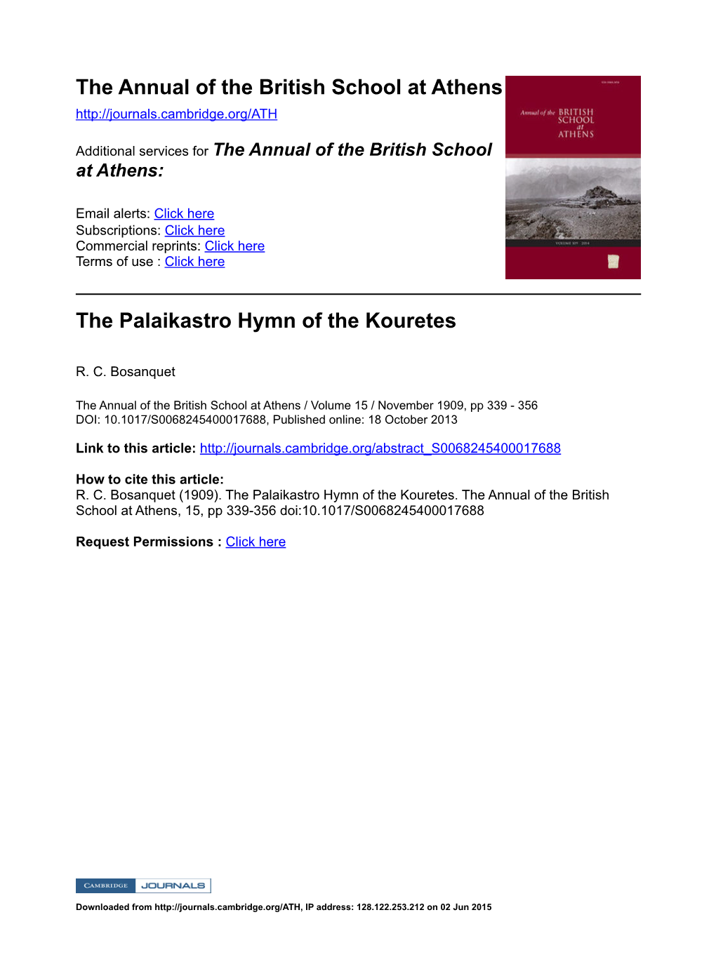 The Annual of the British School at Athens the Palaikastro Hymn of The
