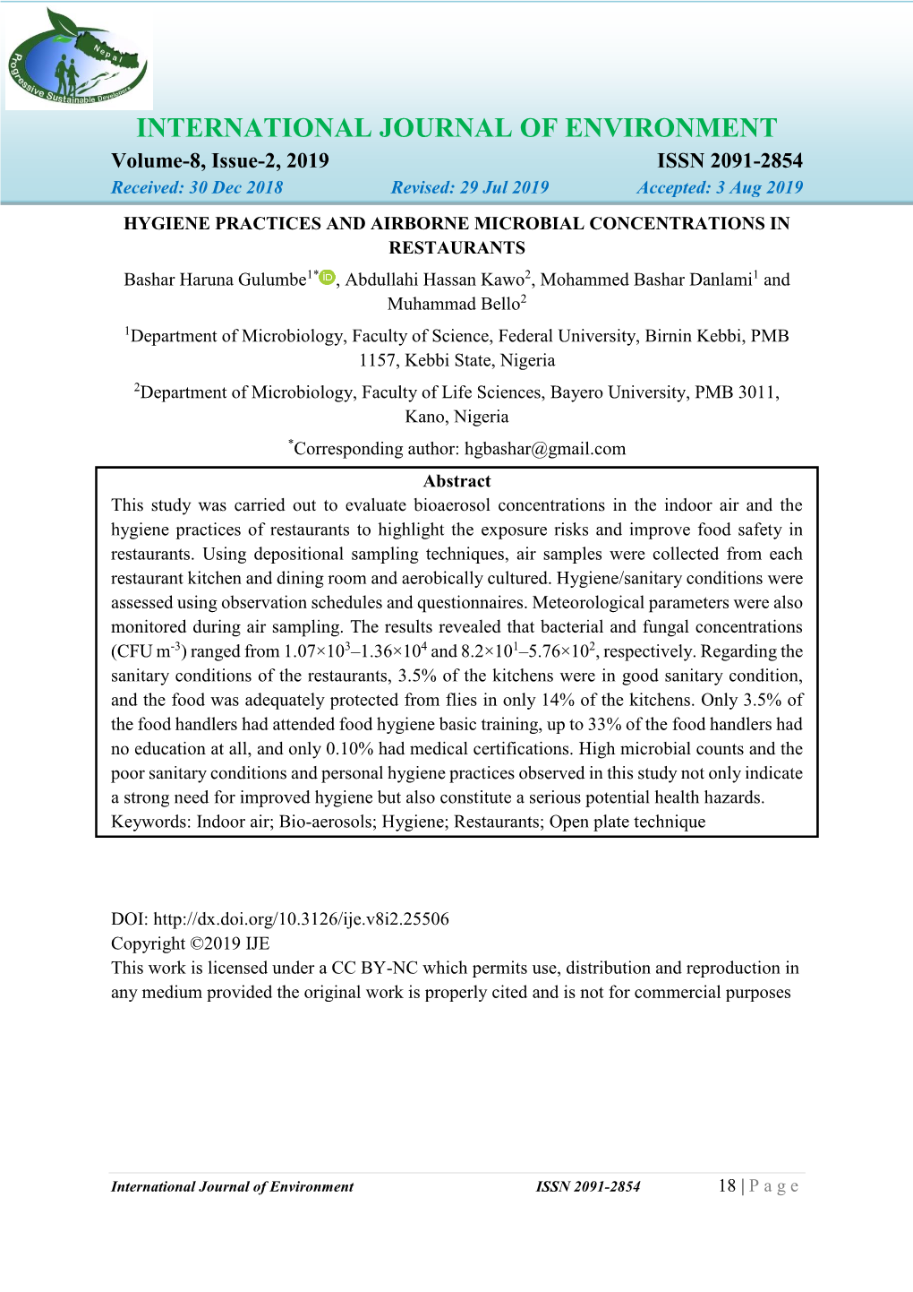 INTERNATIONAL JOURNAL of ENVIRONMENT Volume-8, Issue-2, 2019 ISSN 2091-2854 Received: 30 Dec 2018 Revised: 29 Jul 2019 Accepted: 3 Aug 2019