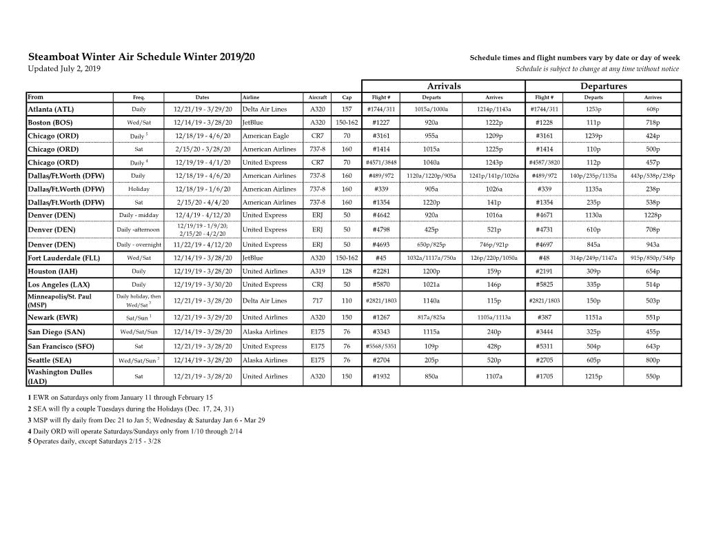 Steamboat Winter Air Schedule Winter 2019/20