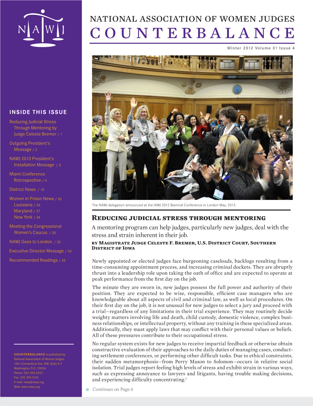National Association of Women Judges Counterbalance Winter 2012 Volume 31 Issue 4