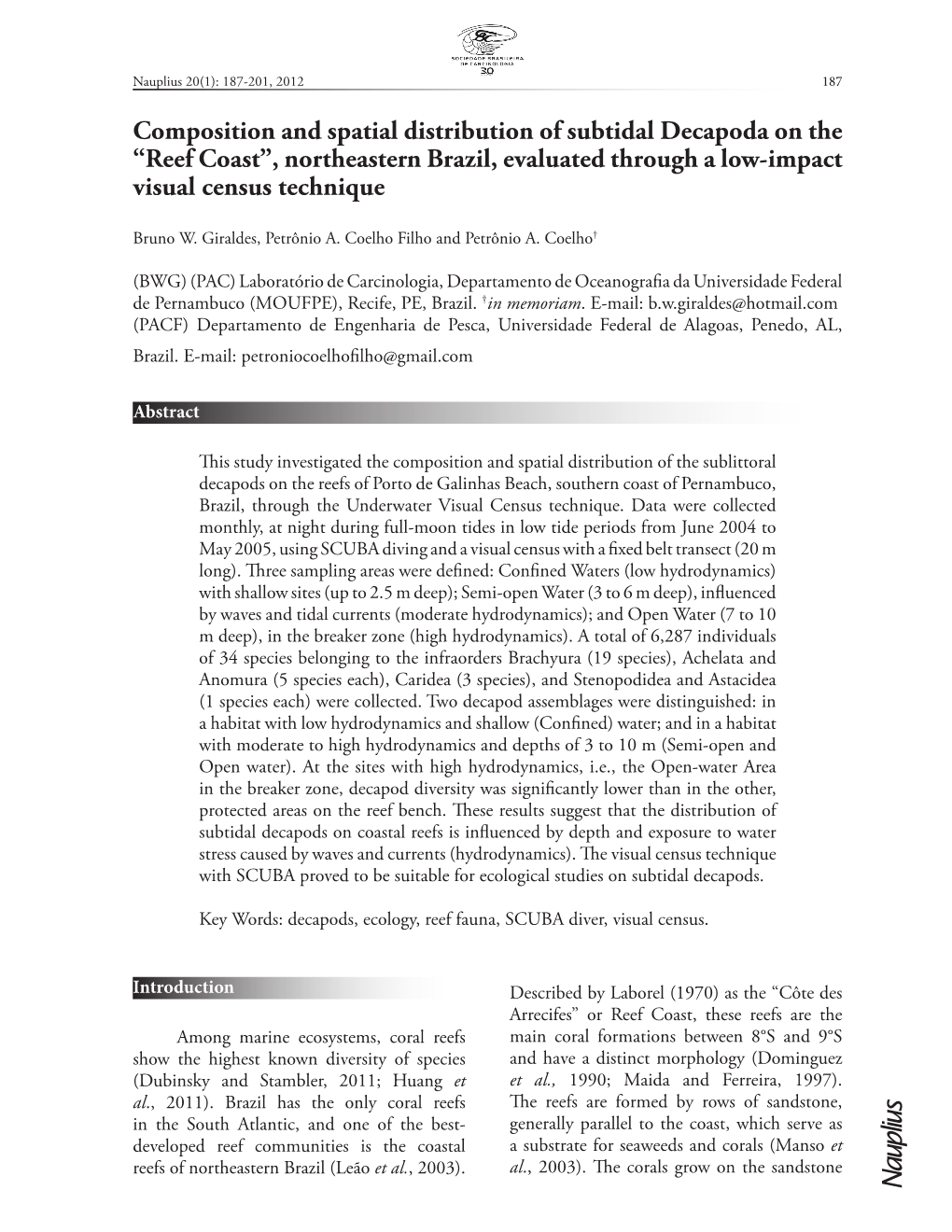 “Reef Coast”, Northeastern Brazil, Evaluated Through a Low-Impact Visual Census Technique