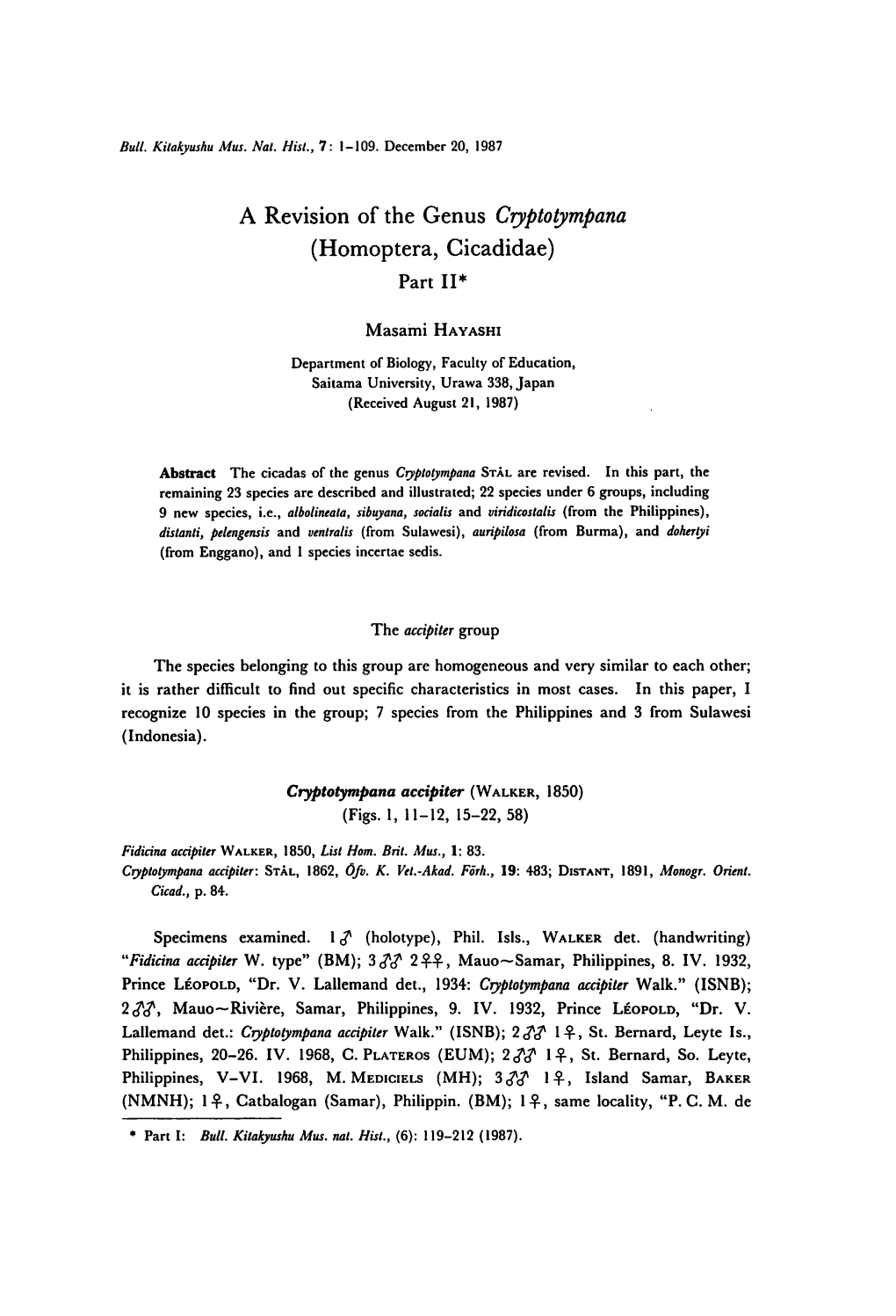 A Revision of the Genus Cryptotympana (Homoptera, Cicadidae)