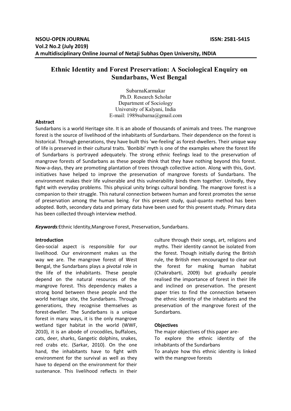 Ethnic Identity and Forest Preservation: a Sociological Enquiry on Sundarbans, West Bengal