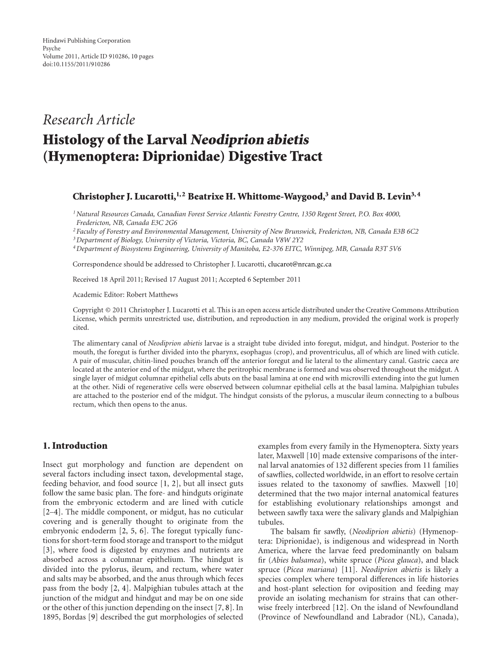 Histology of the Larval Neodiprion Abietis (Hymenoptera: Diprionidae) Digestive Tract