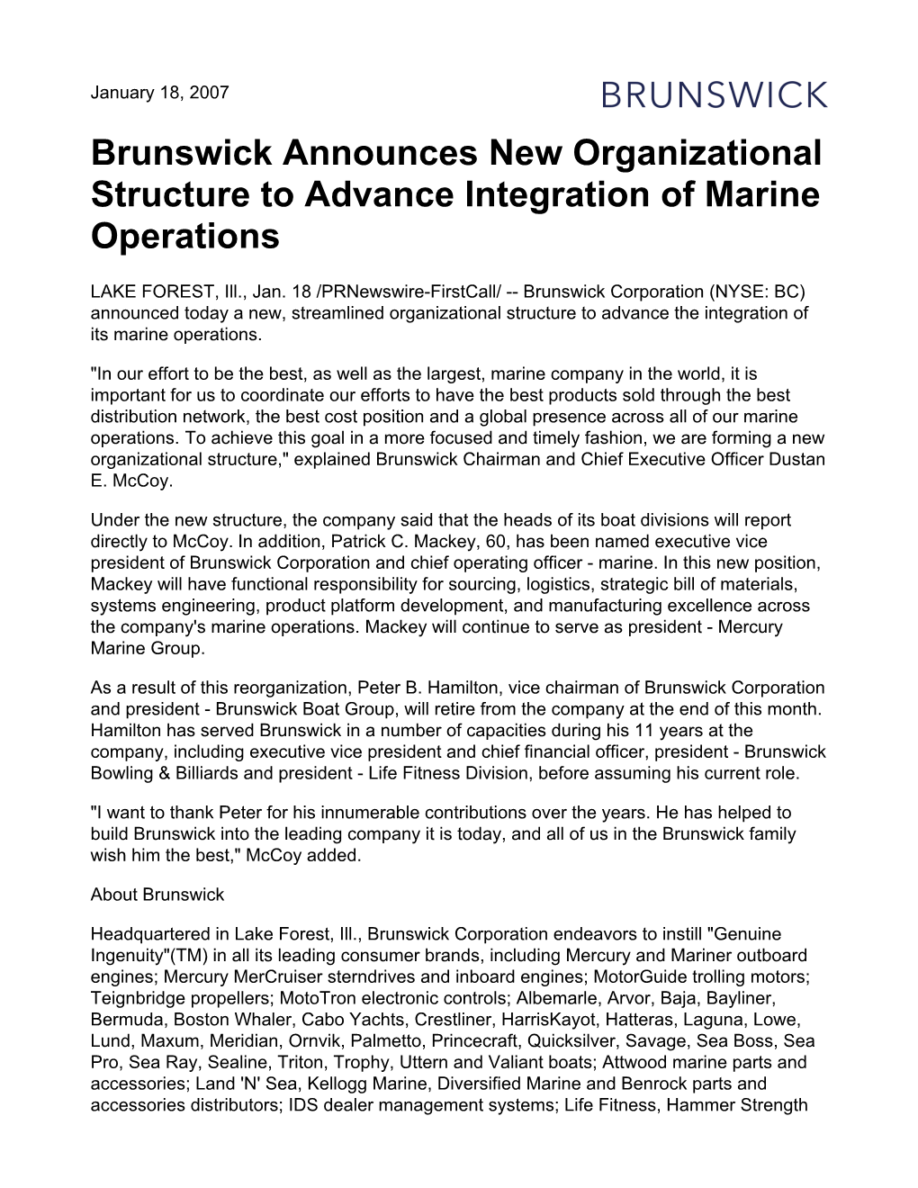 Brunswick Announces New Organizational Structure to Advance Integration of Marine Operations