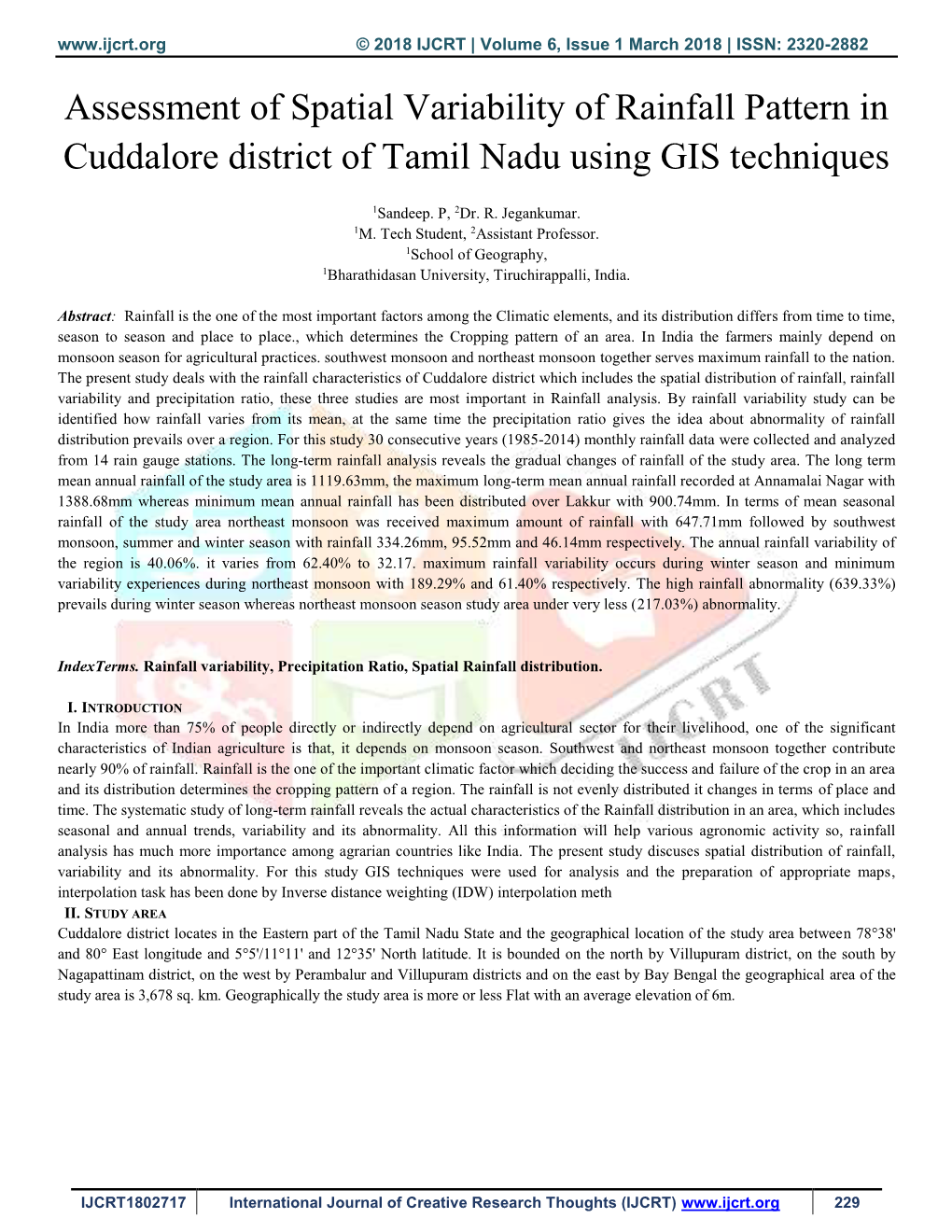 Assessment of Spatial Variability of Rainfall Pattern in Cuddalore District of Tamil Nadu Using GIS Techniques