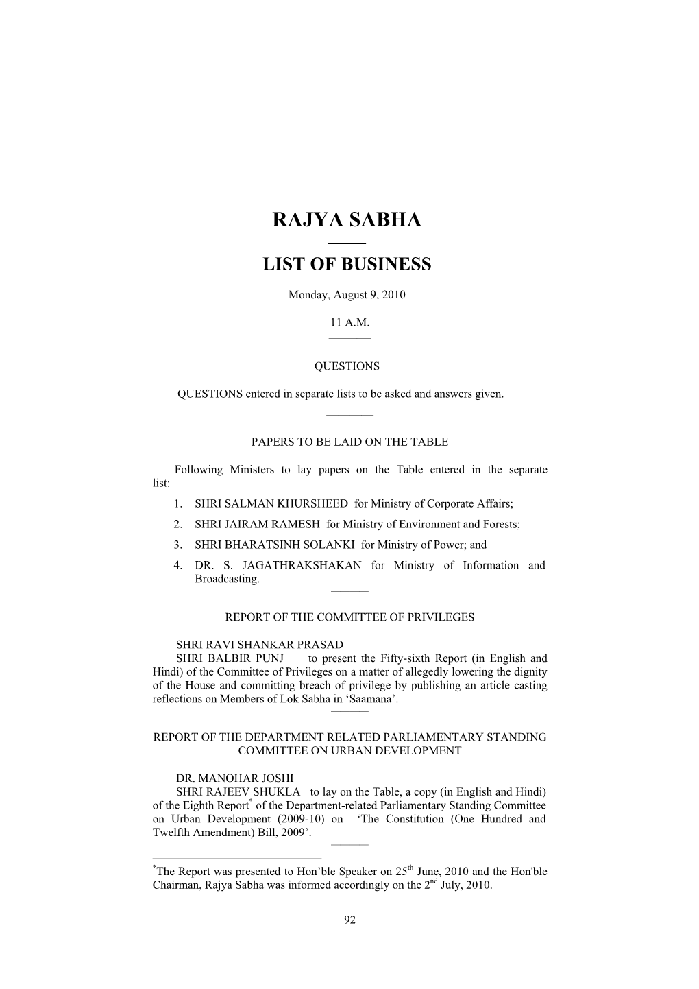 Rajya Sabha —— List of Business