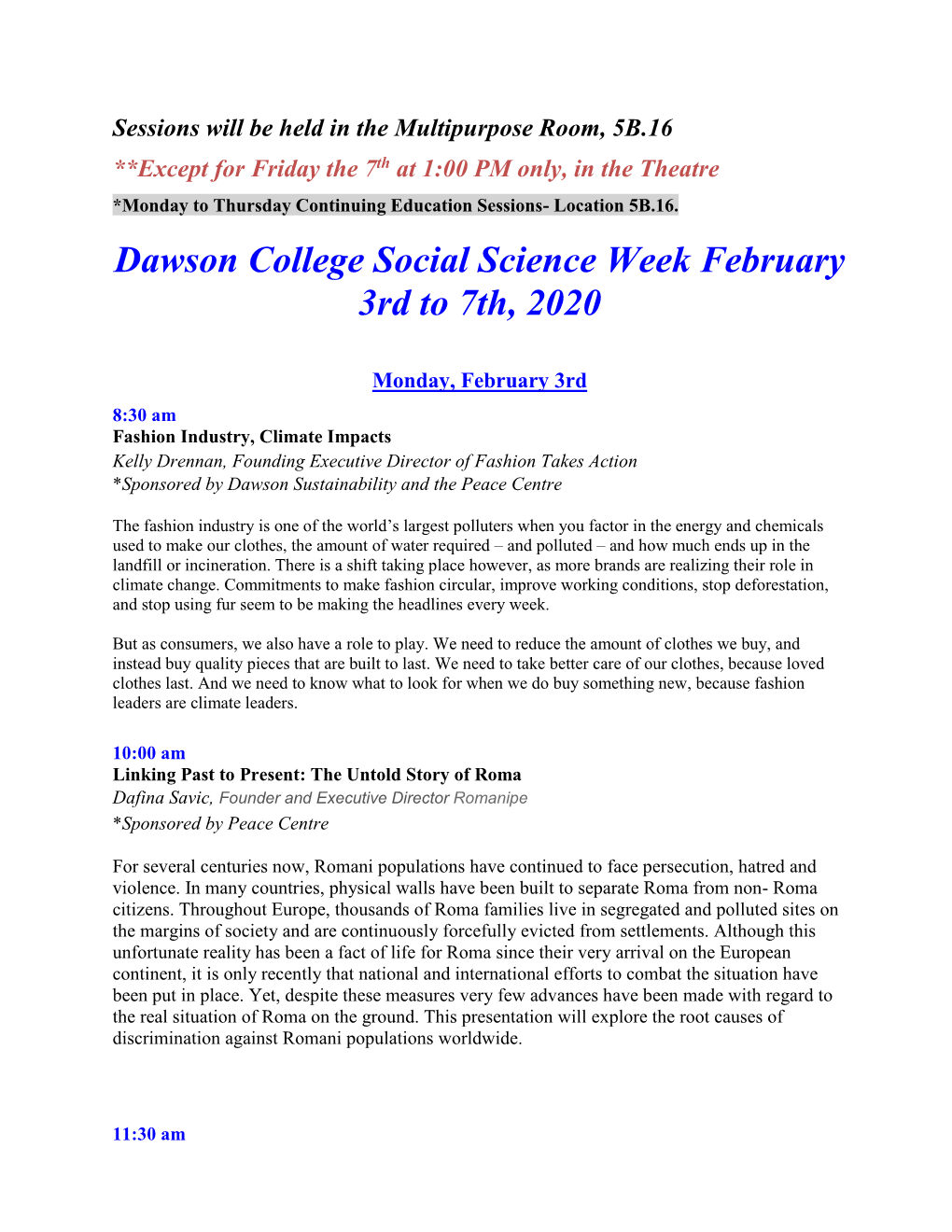 Dawson College Social Science Week February 3Rd to 7Th, 2020