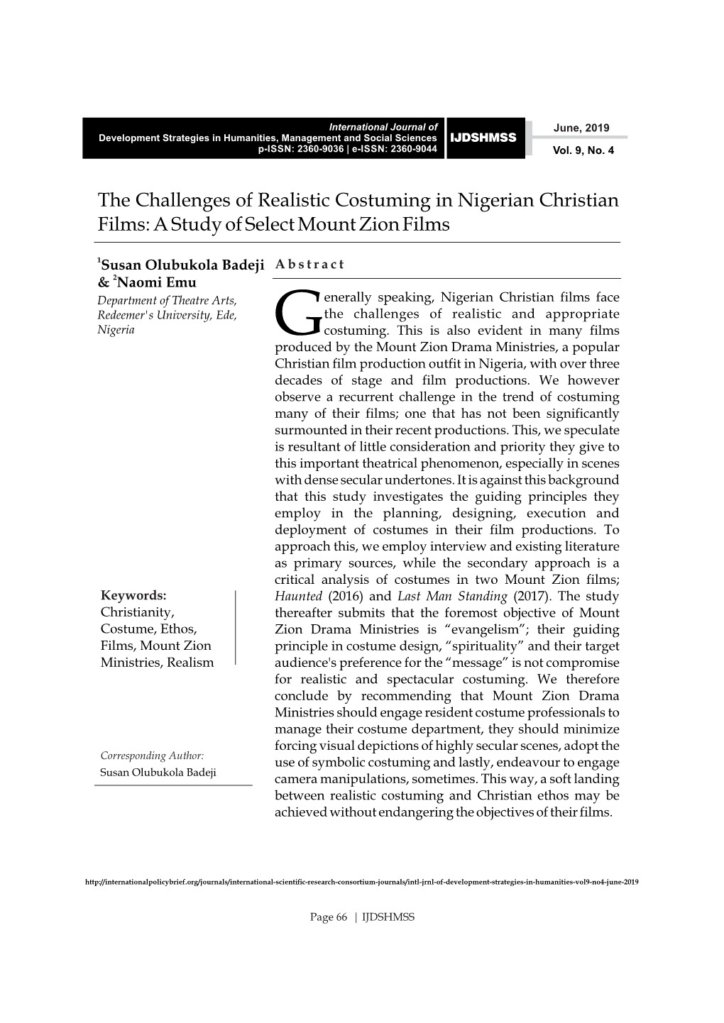 The Challenges of Realistic Costuming in Nigerian Christian Films: a Study of Select Mount Zion Films