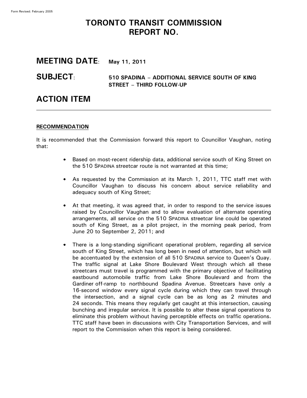 Toronto Transit Commission Report No. Meeting Date