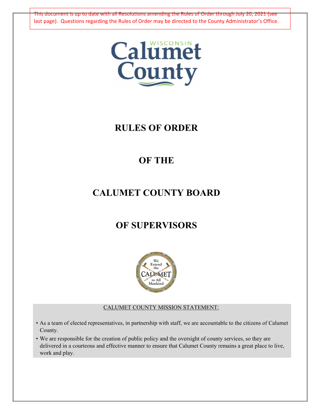 Rules of Order of the Calumet County Board of Supervisors