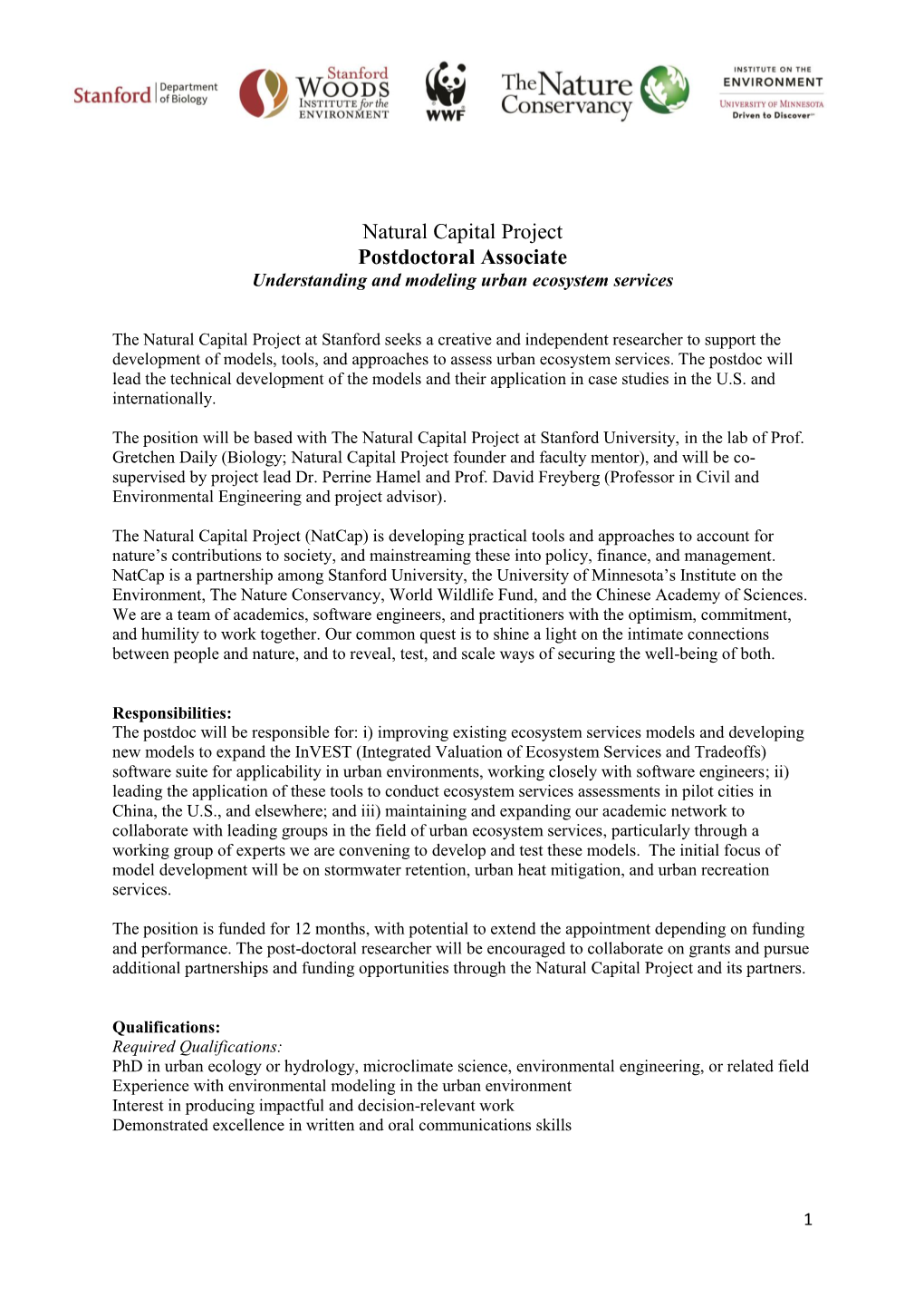 Natural Capital Project Postdoctoral Associate Understanding and Modeling Urban Ecosystem Services