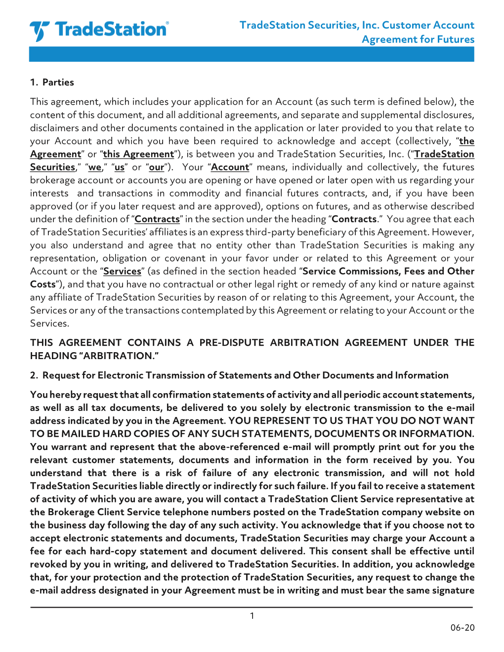 Tradestation Securities, Inc. Customer Account Agreement for Futures