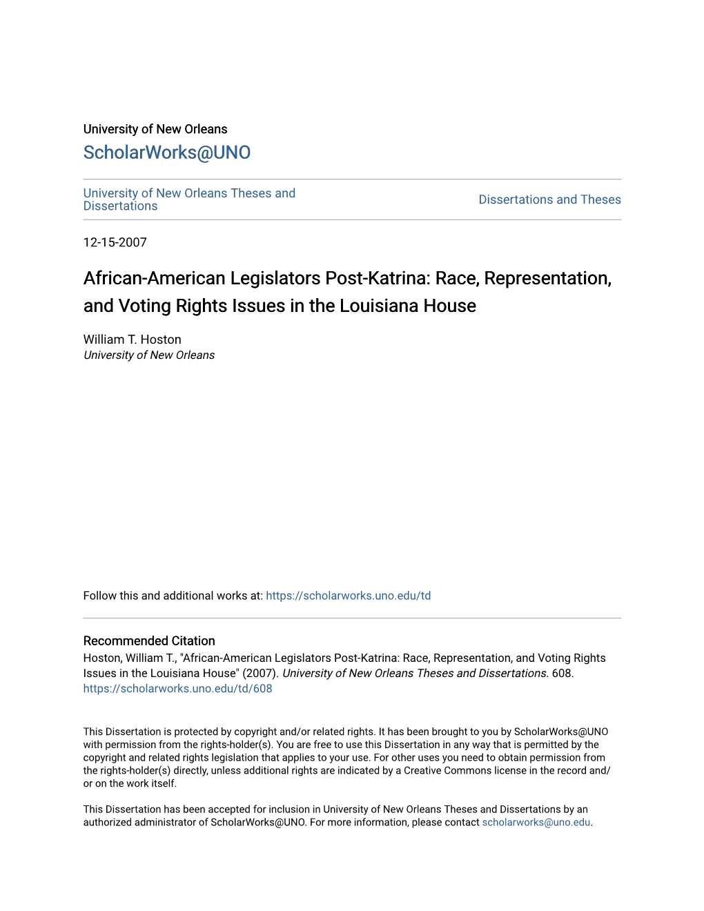 African-American Legislators Post-Katrina: Race, Representation, and Voting Rights Issues in the Louisiana House