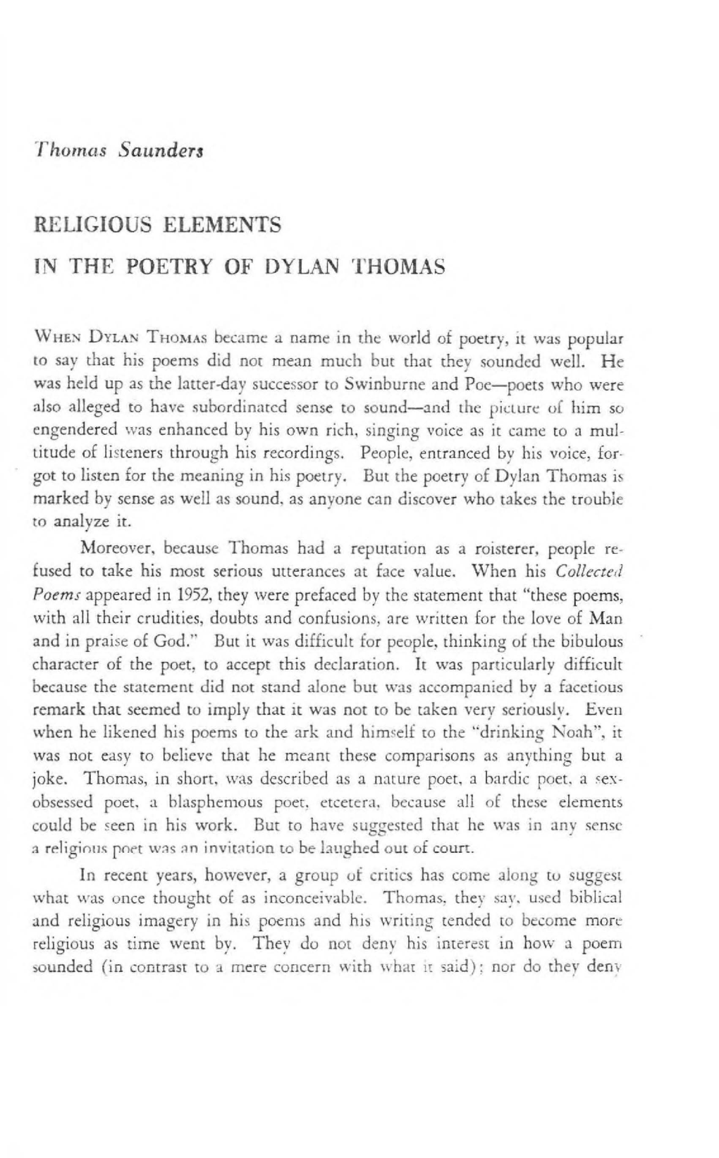 Reugious Elements in the Poetry of Dylan Thomas