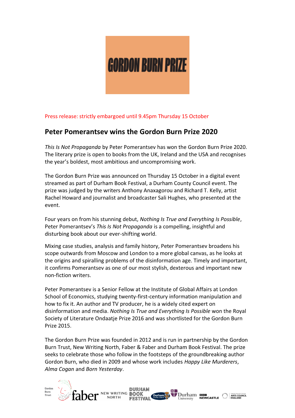 Peter Pomerantsev Wins the Gordon Burn Prize 2020
