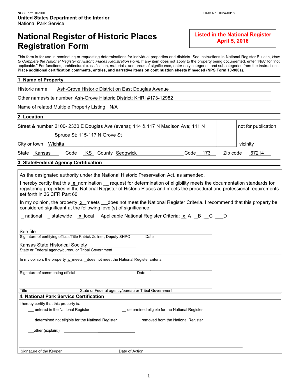 National Register Nomination (Topeka: Kansas Historical Society, 2003), Np