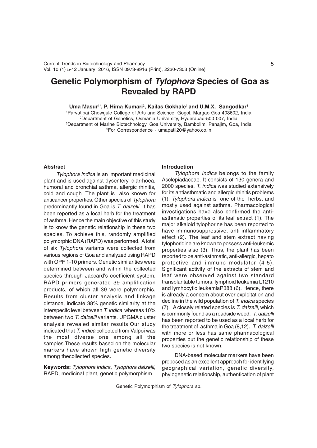 Genetic Polymorphism of Tylophora Species of Goa As Revealed by RAPD