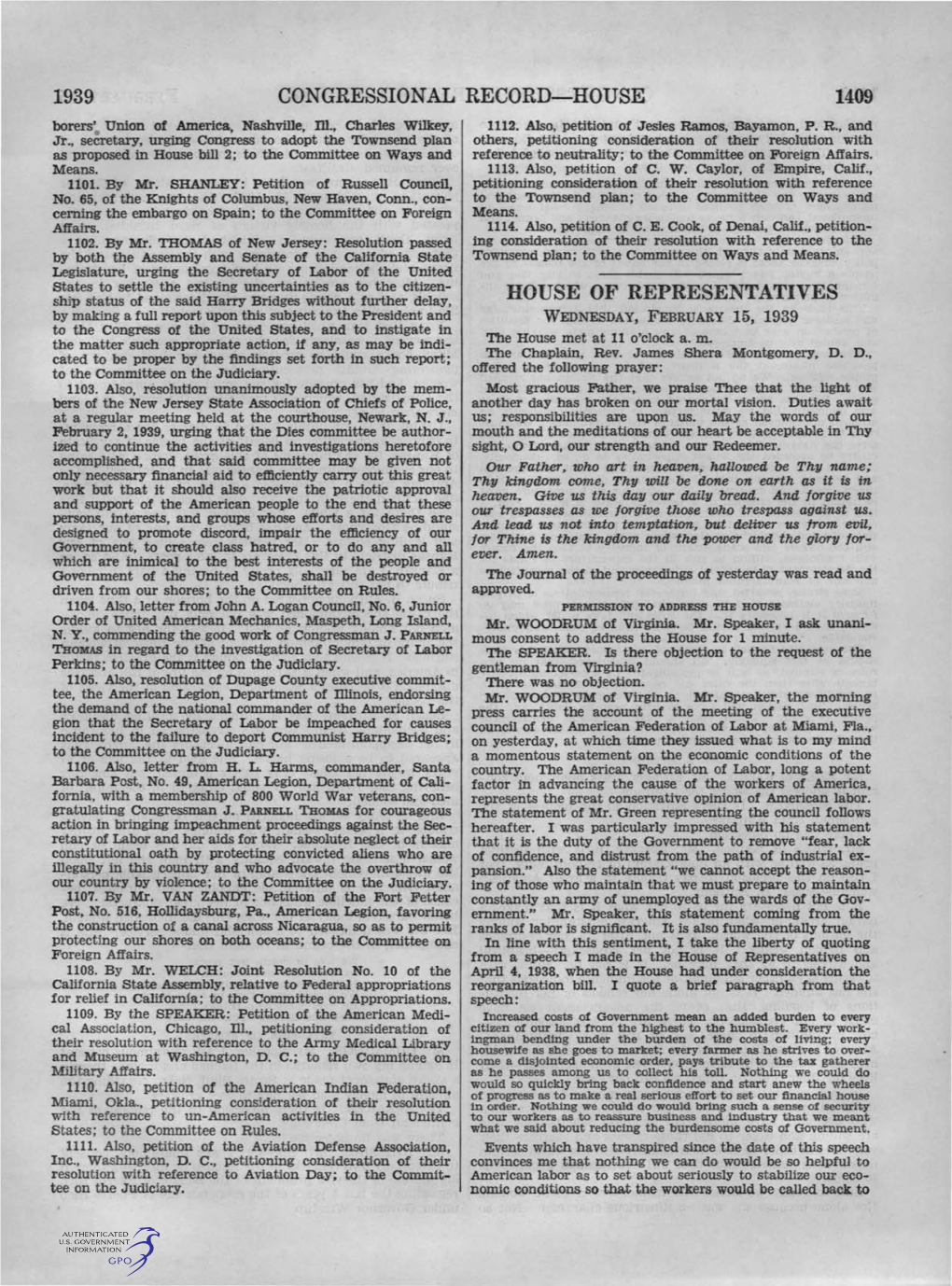 1939 CONGRESSIONAL RECORD-HOUSE 1409 Borers' Union of America, Nashville, M., Charles Wilkey, 1112