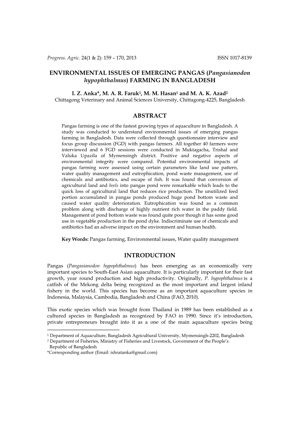 ENVIRONMENTAL ISSUES of EMERGING PANGAS (Pangasianodon Hypophthalmus) FARMING in BANGLADESH