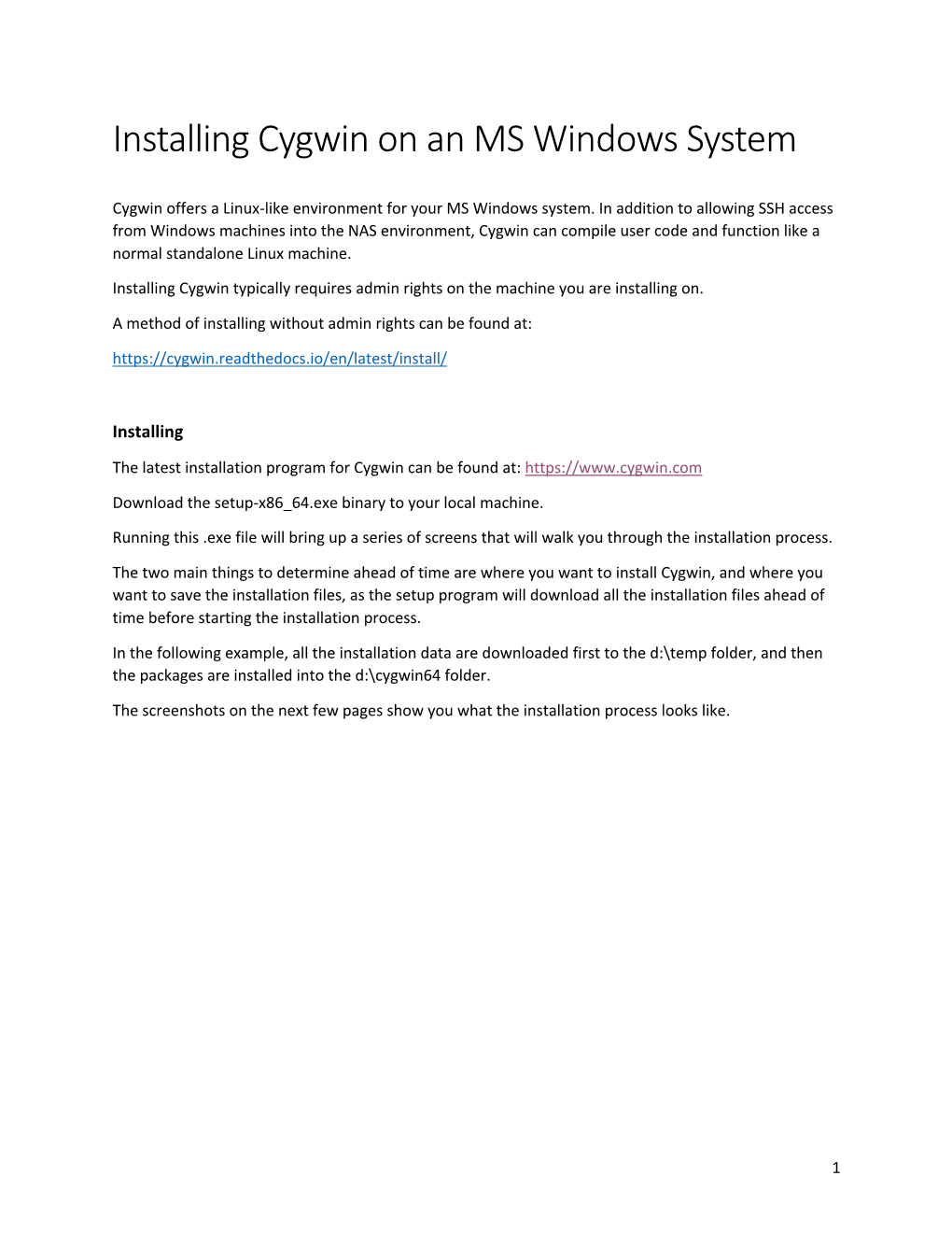 Installing Cygwin on an MS Windows System